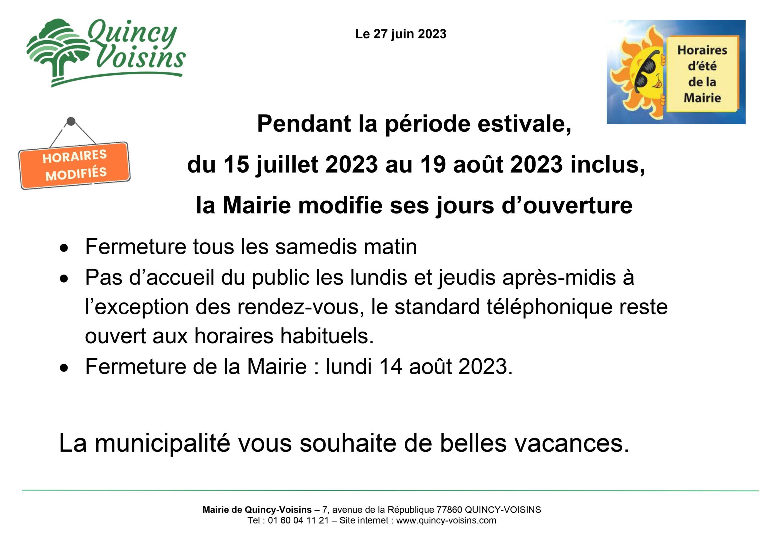 Mairie : Modification Des Horaires D’ouverture Au Public En Période ...